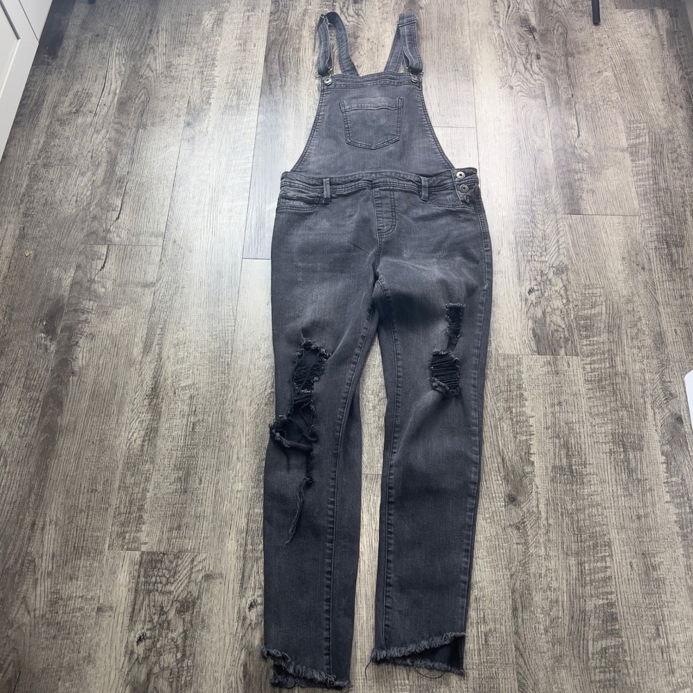 True Craft Womens Distressed Denim Overalls Faded Black Slim Fit Size L Grunge